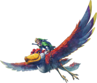 Link reitet auf seinem Wolkenvogel durch die Lüfte.